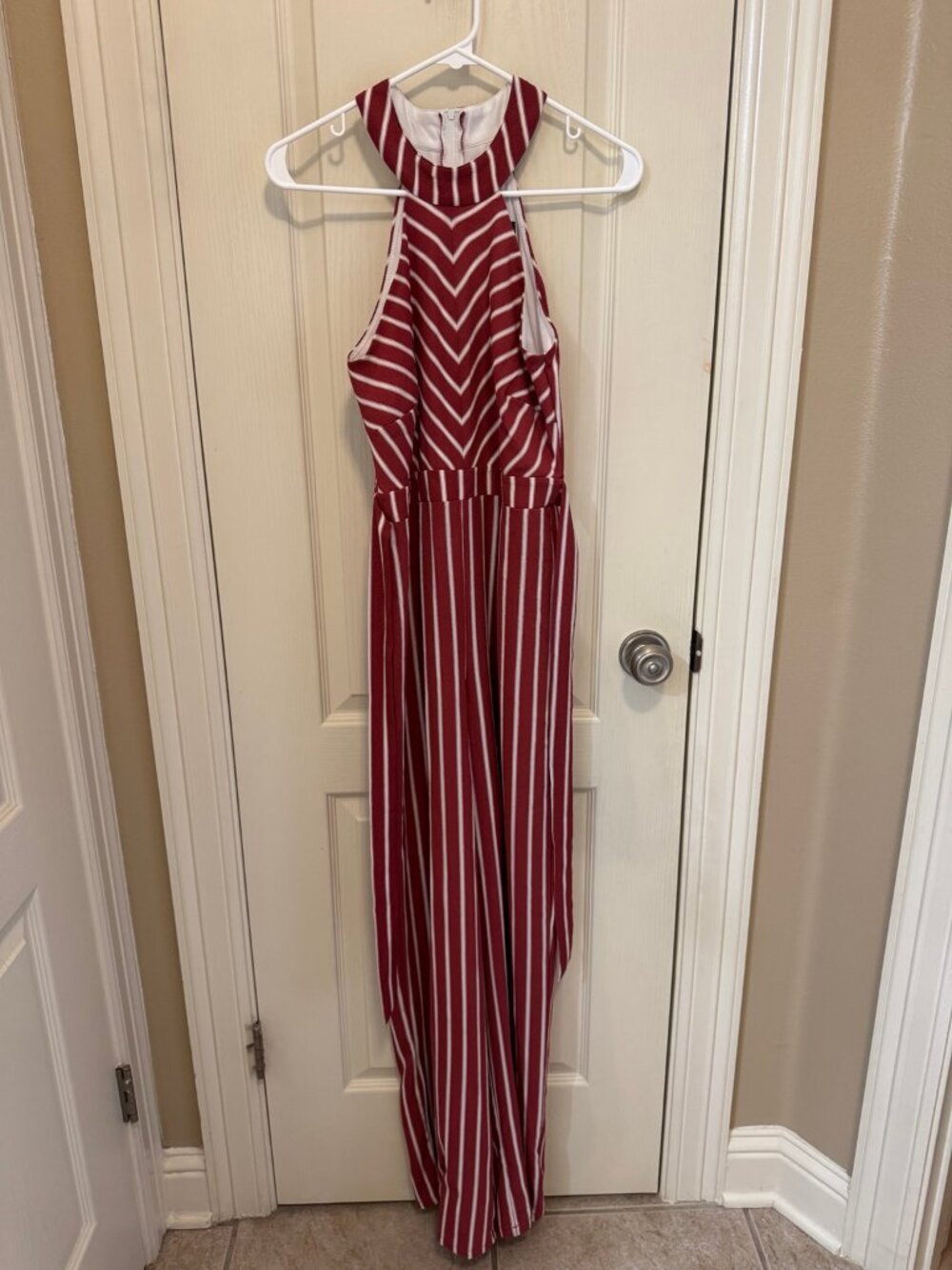 Crystal Sky Red White Striped Halter Wide Leg Jumpsuit Juniors 3